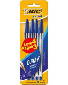 Caneta Esferográfica BIC Cristal Dura Mais, A Clássica, Azul, Ponta Média de 1.0mm, 868795, Leve 4 Pague 3